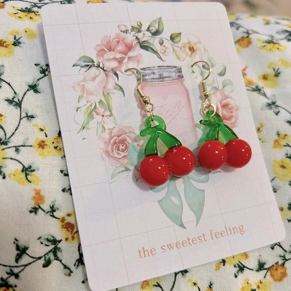 Red Glass Cherry Dangle Earrings - Picture 1 of 5